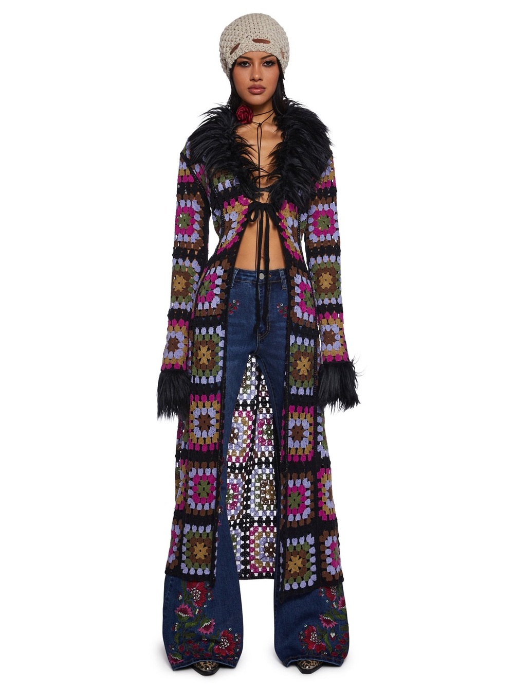 Current Mood Dolls Kill Lady Leisure Crochet Long Cardigan faux fur trim